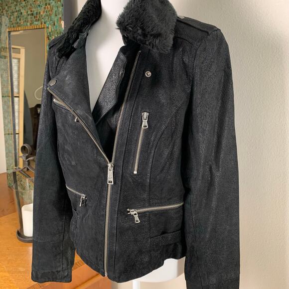 Vintage Levi’s Black Genuine Nubuck Leather Faux Fur Moto Jacket Size L Biker - Picture 13 of 14